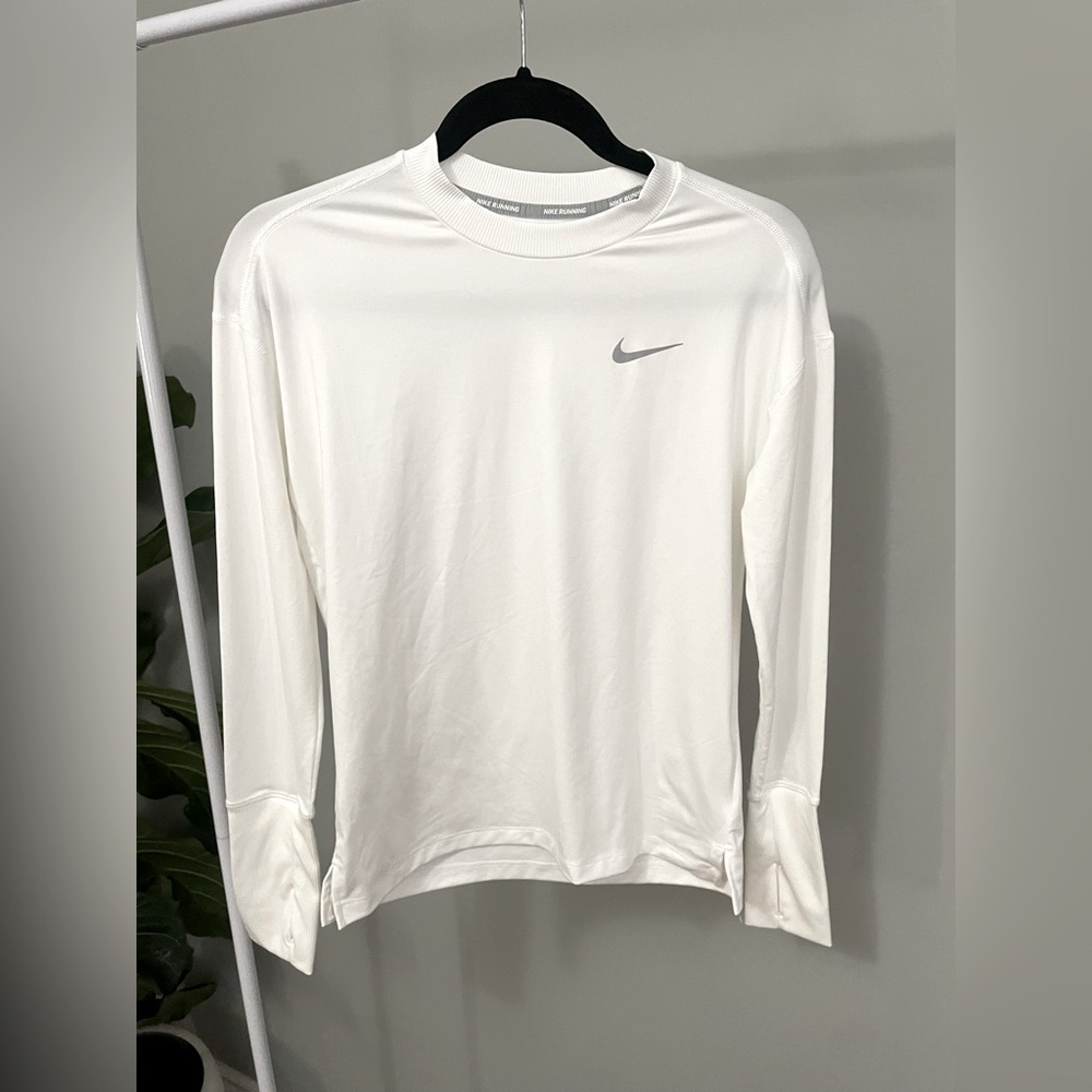 Nike White Running Long Sleeve Top with Grey Checkmark Size XS